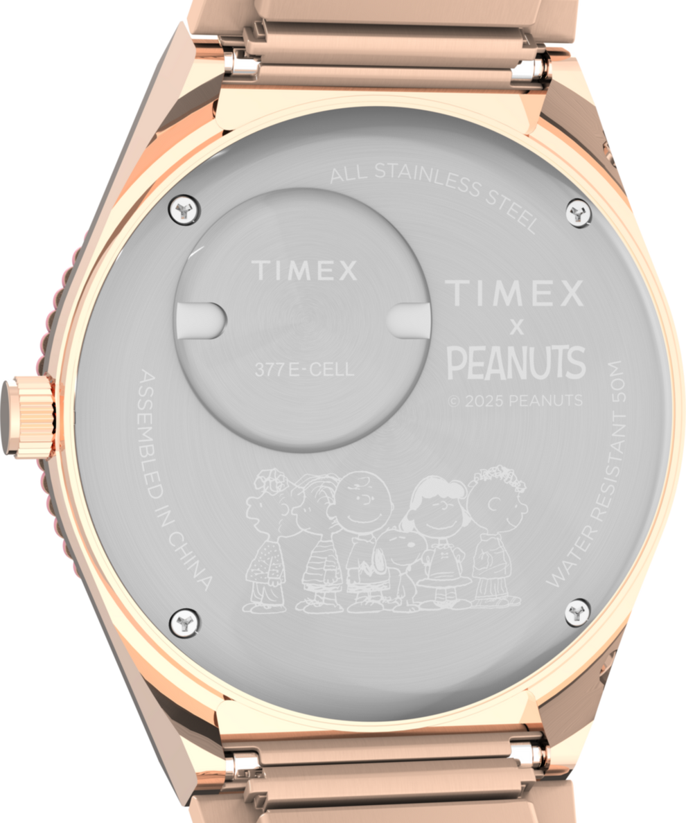 TW2W83800 Timex x Peanuts® Q Timex® In Bloom 36mm Stainless Steel Expansion Band Watch Caseback Image