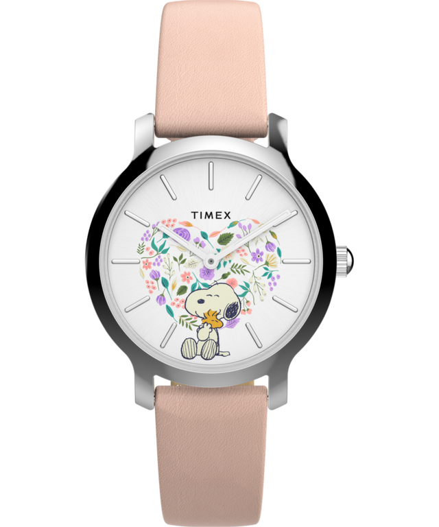 TW2W85100 Timex x Peanuts® Transcend In Bloom 34mm Leather Strap Watch Primary Image