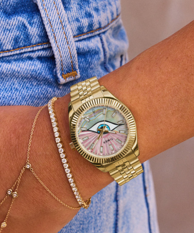 TW2Y11200 Timex x Jacquie Aiche Guiding Light 36mm Stainless Steel Bracelet Watch Primary Wrist Image