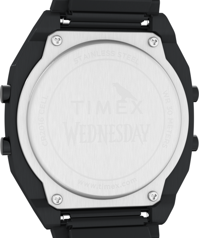 TW2Y19500 Timex x Wednesday T80 36mm Stainless Steel Black and Purple Expansion Band Watch Caseback Image