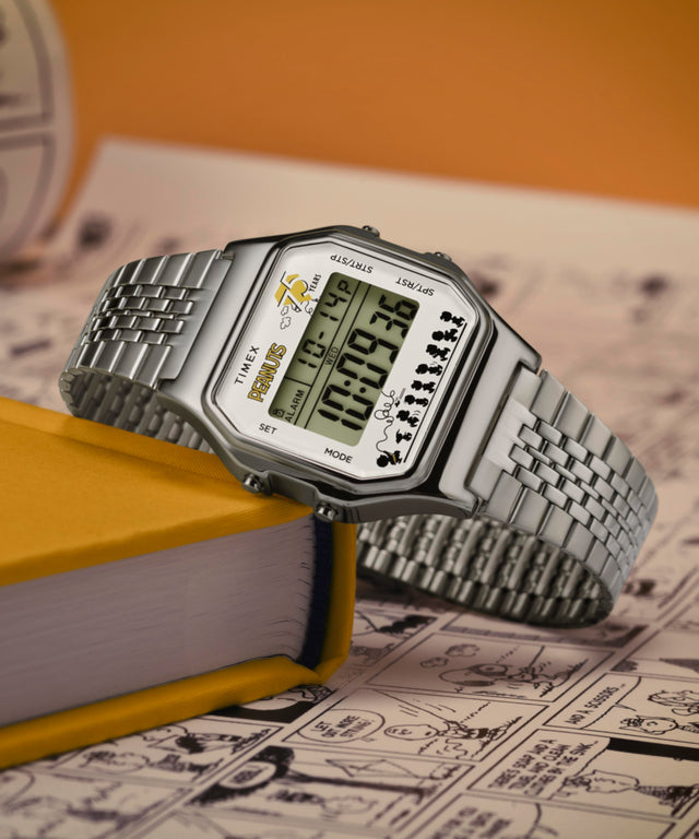 TW2Y20000 Peanuts® x Timex T80 75th Anniversary Edition 34mm Stainless Steel Bracelet Watch Campaign Key Silhouettes (Beauty shots) Image