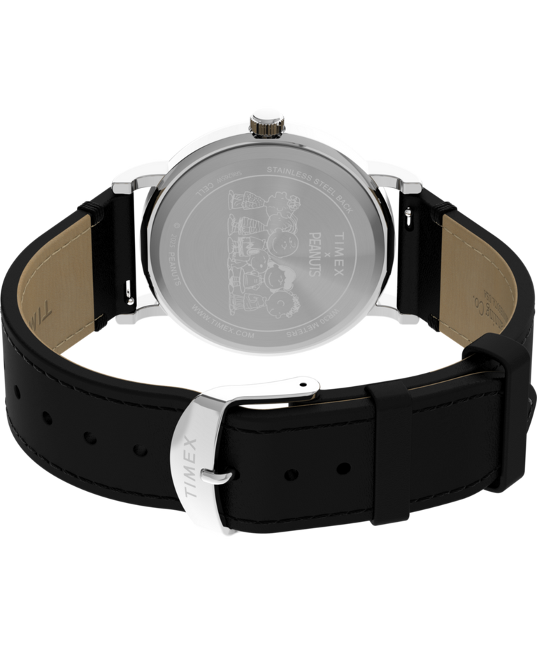 TW2Y31000 Timex x Peanuts® Weekender Snoopy Dancing 38mm Leather Strap Watch Caseback with Attachment Image
