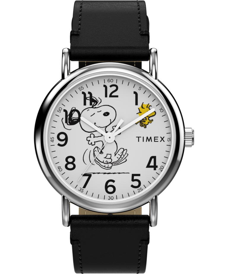 TW2Y31000 Timex x Peanuts® Weekender Snoopy Dancing 38mm Leather Strap Watch Primary Image
