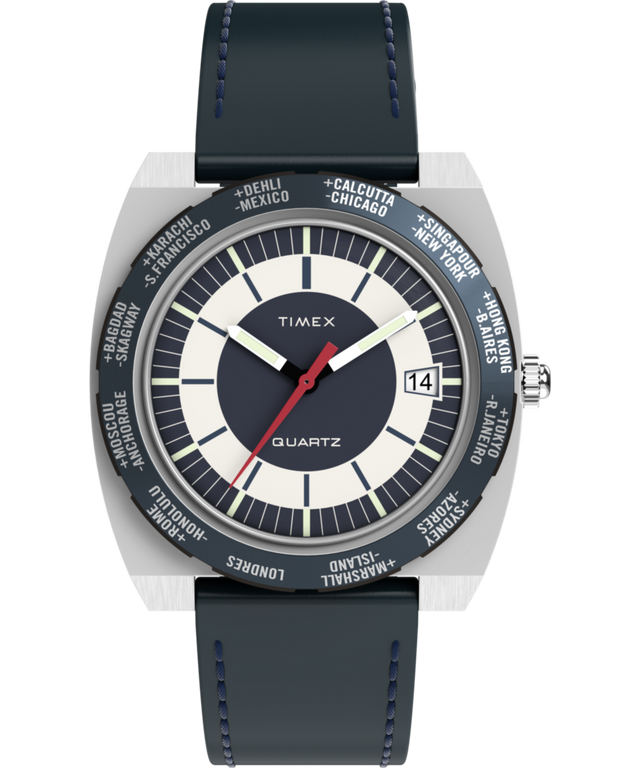 TW2Y31400 Q Timex® 1972 World Time 39mm Leather Strap Watch Primary Image