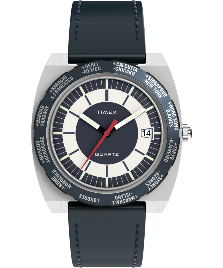 TW2Y31400 Q Timex® 1972 World Time 39mm Leather Strap Watch Primary Image