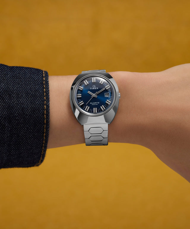 TW2Y33100 Q Timex® 1972 Time Machine Reissue 39mm Stainless Steel Bracelet Watch Primary Wrist Image
