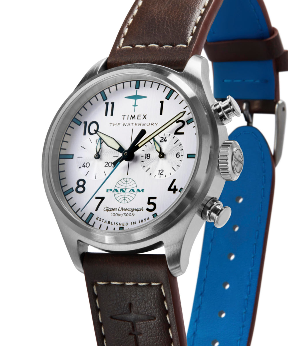 Timex x Pan Am® Waterbury Ace Chronograph 41mm Leather Strap Watch