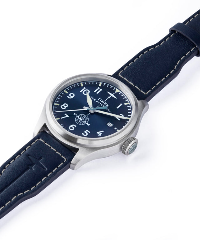 TW2Y38800 Timex x Pan Am® Waterbury Automatic Ace 41mm Leather Strap Watch Campaign Key Silhouettes (Beauty shots) Image