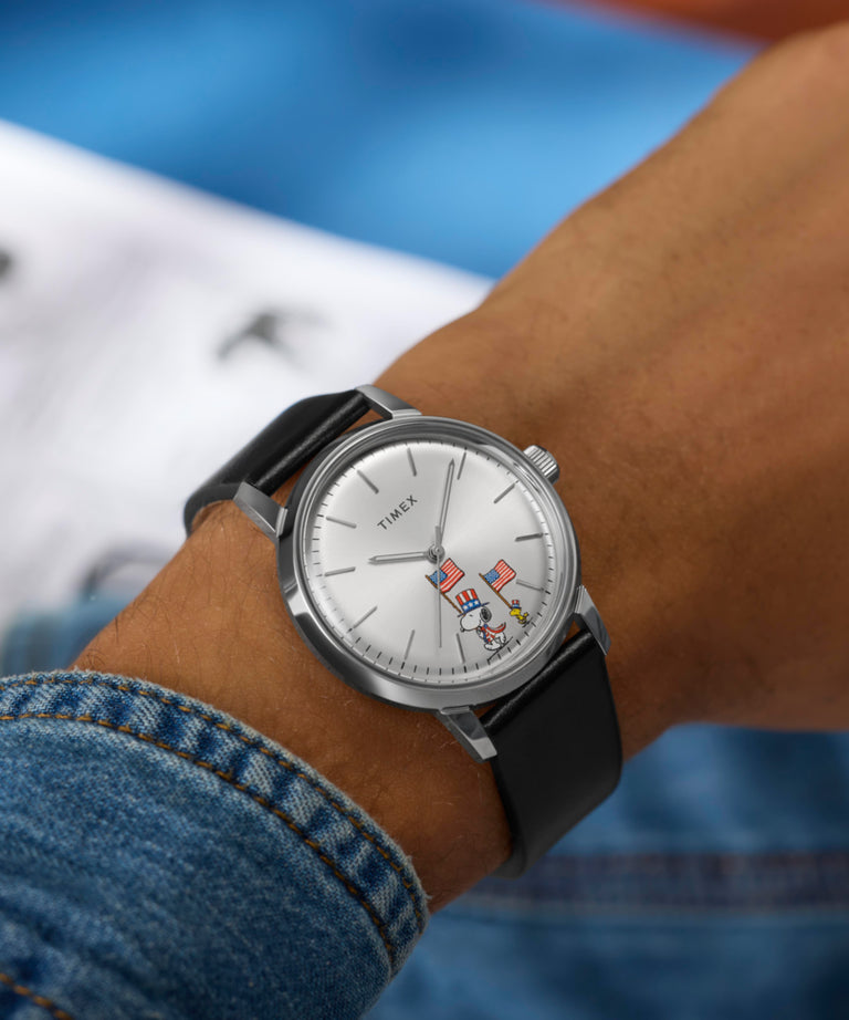 TW2Y50300 Peanuts® x Timex Marlin® Automatic Americana 40mm Leather Strap Watch Primary Wrist Image