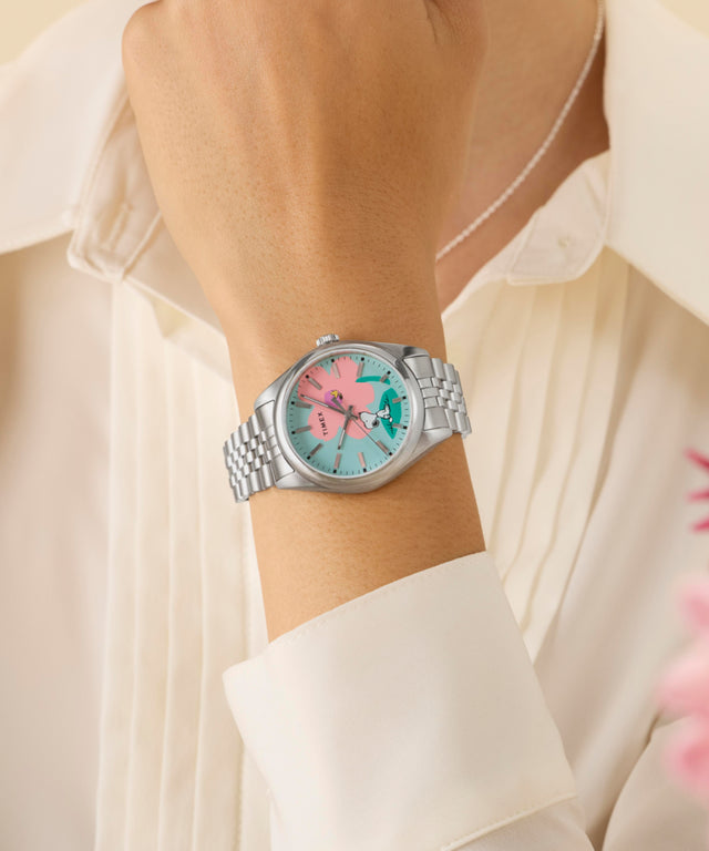 TW2Y52600 Peanuts® x Timex Legacy Snoopy with Flower Dial 36mm Stainless Steel Bracelet Watch   Primary Wrist Image