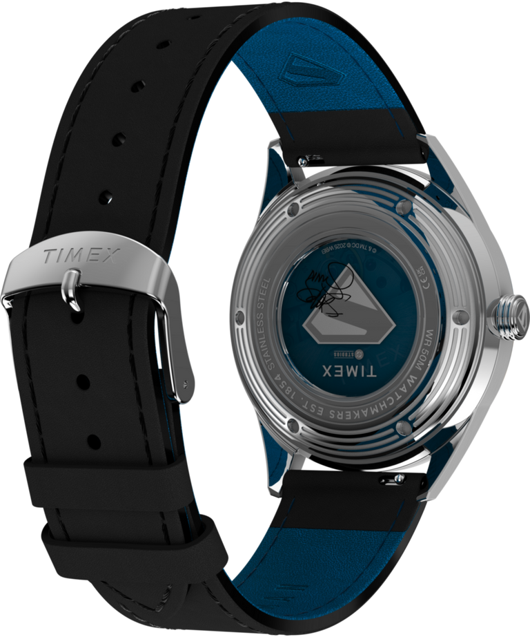 TW2Y71400 Superman x Timex Marlin® Jet Automatic 38mm Leather Strap Watch Caseback with Attachment Image