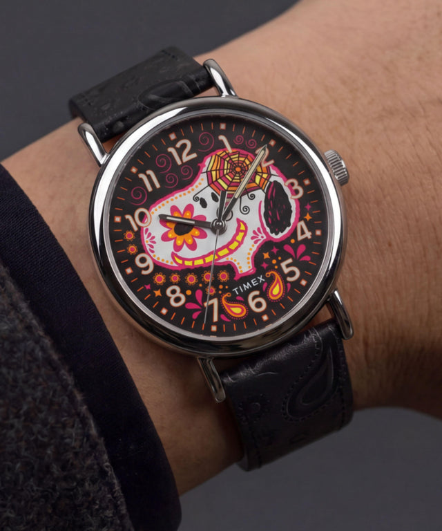 TW2Y85900 Peanuts® x Timex Weekender® Day of the Dead 40mm Leather Strap Watch Primary Wrist Image