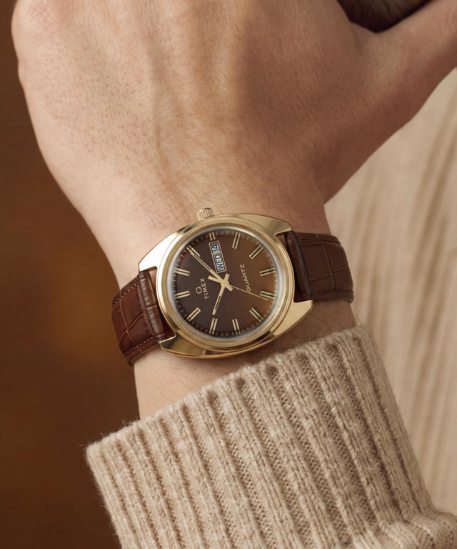 TW2Y87200 Timex 1978 Day Date Fumé Reissue 37mm Leather Strap Watch Primary Wrist Image