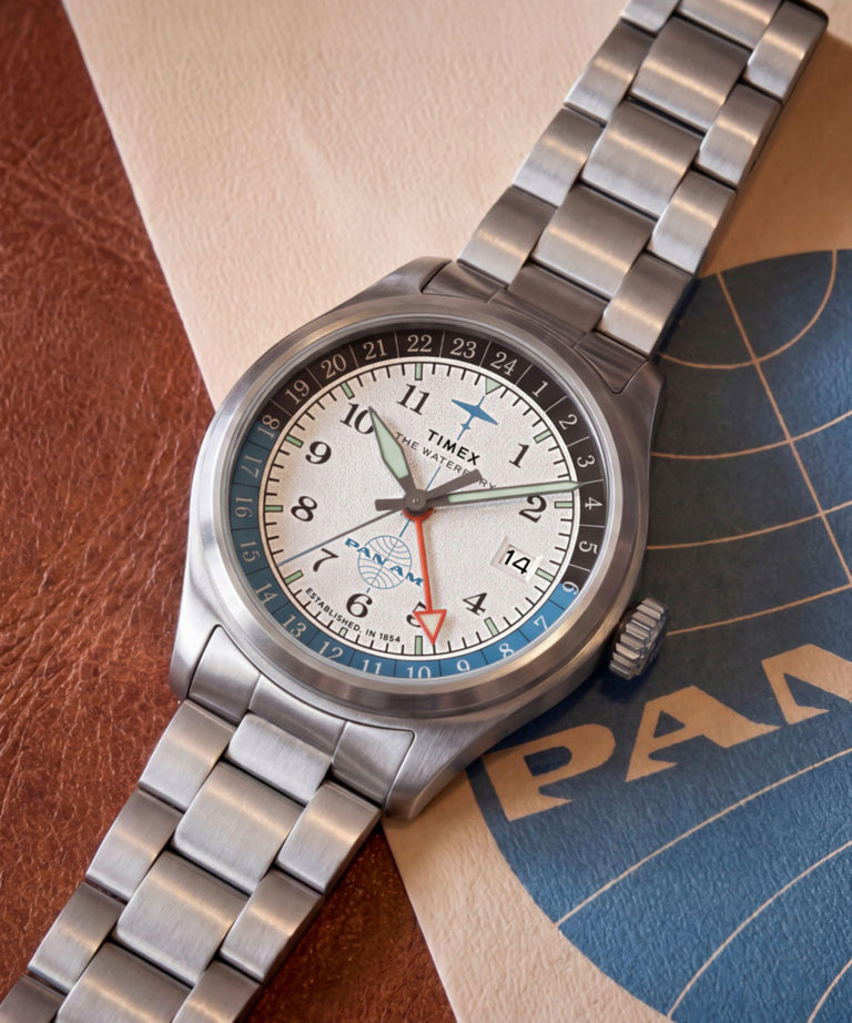 TW2Y94600 Pan Am® x Timex® Waterbury GMT 41mm Stainless Steel Bracelet Watch Campaign Key Silhouettes (Beauty shots) Image