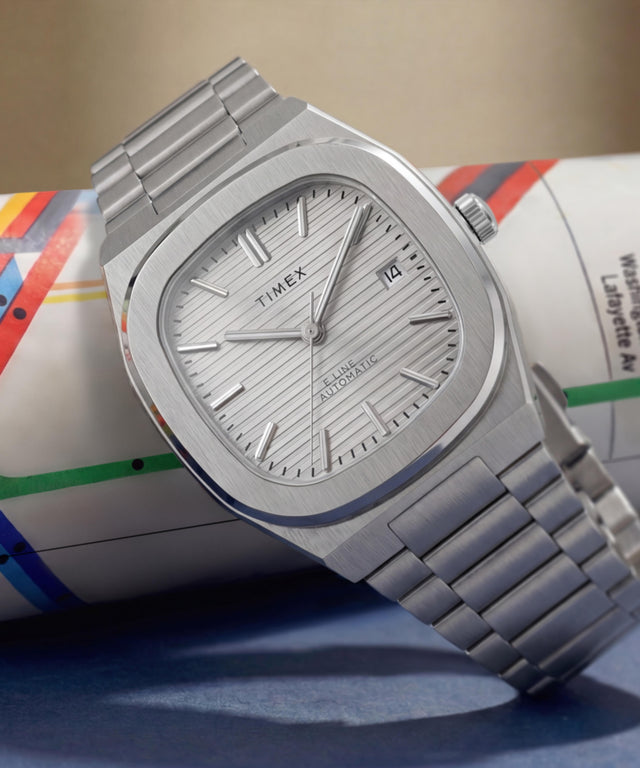 TW6A00500 Timex® Automatic E Line 38mm Stainless Steel Bracelet Watch Campaign Key Silhouettes (Beauty shots) Image