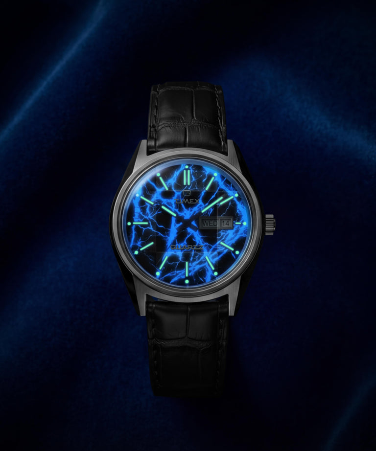 TW6A33800 Q Timex Blue Vega 38mm Leather Strap Watch Alt Beauty Shot 2
