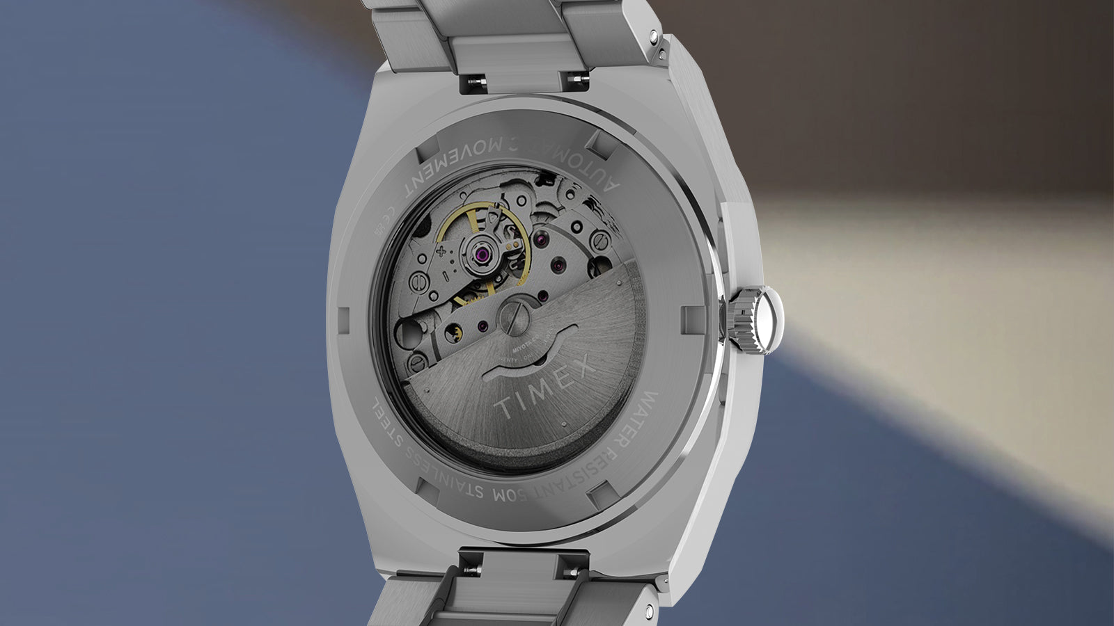 Rear view of the Timex Automatic E Line 38mm, highlighting the exhibition case back and automatic movement.