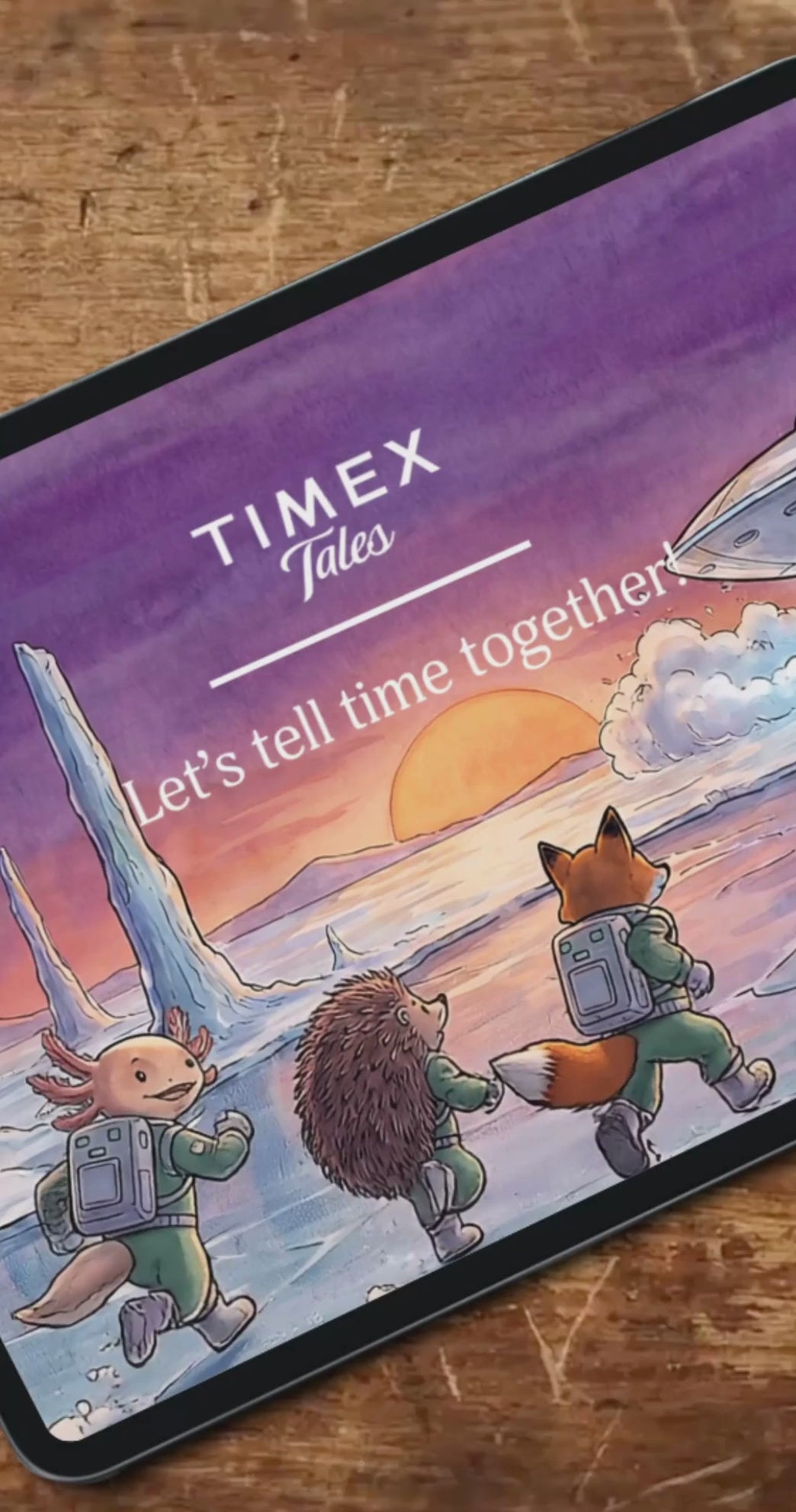 Animated Timex Tales adventure featuring illustrated animal characters learning to tell time while exploring imaginative storybook worlds.
