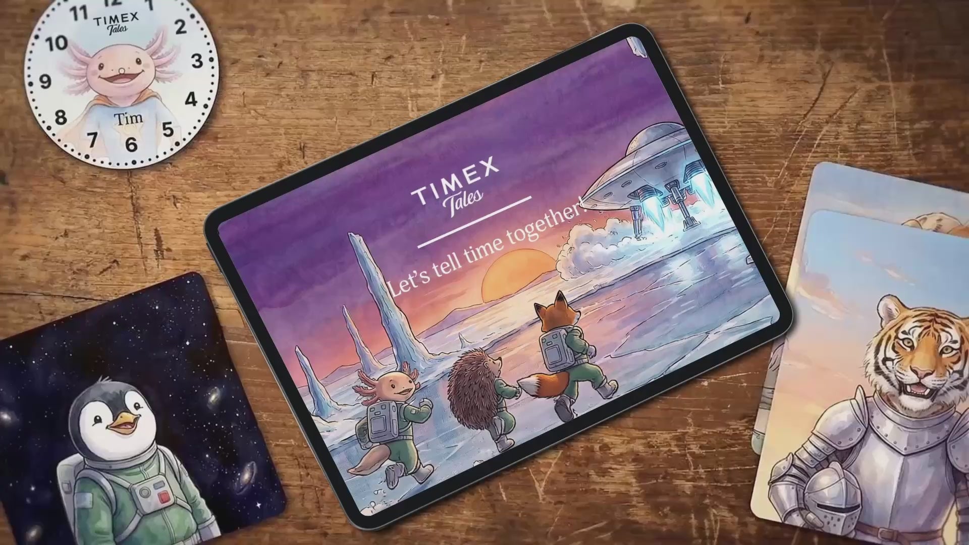 Animated Timex Tales adventure featuring illustrated animal characters learning to tell time while exploring imaginative storybook worlds.