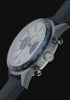 Timex Marlin® Jet Chronograph with a silver-tone dial, blue subdials, and blue fabric strap from multiple angles.