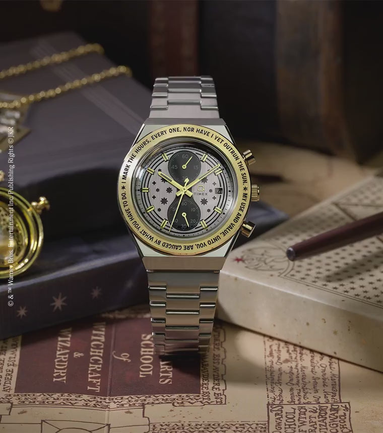 TW2Y75900 Harry Potter x Q Timex Time Turner Chronograph rotating beside a gold Time-Turner pendant, with close-ups of its silver bracelet, gold-tone bezel, and chronograph dial.