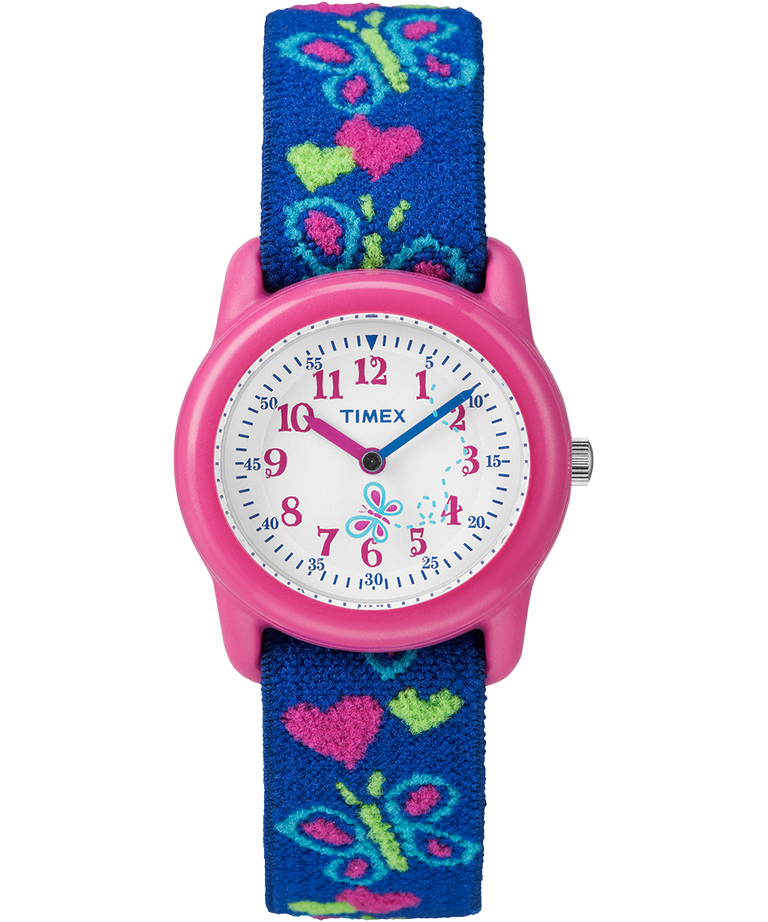 T890012Y TIMEX TIME MACHINES® 29mm Butterflies and Hearts Blue Elastic Fabric Kids Watch primary image